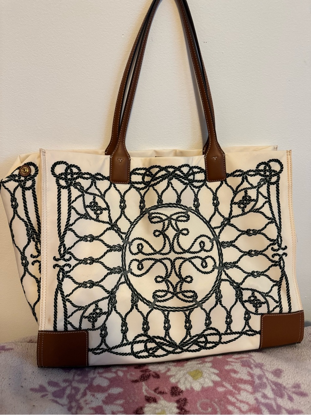 Tory Burch Cream Canvas Tote with Black Rope Embroidery and Brown Leather Trim